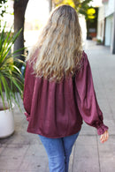 Be Your Best Wine Satin Shirred Yoke Frilled Mock Neck Holiday Top (Open Pack)
