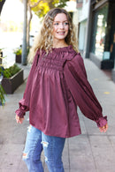Be Your Best Wine Satin Shirred Yoke Frilled Mock Neck Holiday Top (Open Pack)
