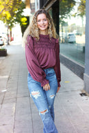 Be Your Best Wine Satin Shirred Yoke Frilled Mock Neck Holiday Top (Open Pack)