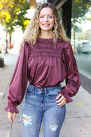 Be Your Best Wine Satin Shirred Yoke Frilled Mock Neck Holiday Top (Open Pack)
