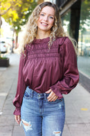 Be Your Best Wine Satin Shirred Yoke Frilled Mock Neck Holiday Top (Open Pack)