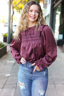 Be Your Best Wine Satin Shirred Yoke Frilled Mock Neck Holiday Top (Open Pack)
