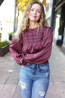 Be Your Best Wine Satin Shirred Yoke Frilled Mock Neck Holiday Top (Open Pack)