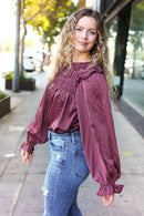 Be Your Best Wine Satin Shirred Yoke Frilled Mock Neck Holiday Top (Open Pack)