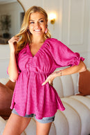 Feeling Strong Fuchsia Textured V Neck Babydoll Top (Open Pack)