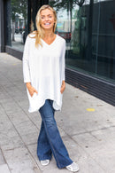 Ivory V-Neck Hacci Pocketed Top