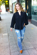 Boho Vibes Black Notched Neck Smocked Bubble Sleeve Top (Open Pack)
