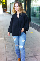 Boho Vibes Black Notched Neck Smocked Bubble Sleeve Top (Open Pack)