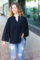 Boho Vibes Black Notched Neck Smocked Bubble Sleeve Top (Open Pack)