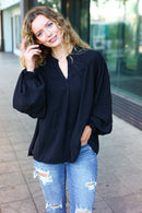 Boho Vibes Black Notched Neck Smocked Bubble Sleeve Top (Open Pack)