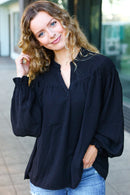Boho Vibes Black Notched Neck Smocked Bubble Sleeve Top (Open Pack)