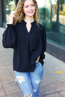 Boho Vibes Black Notched Neck Smocked Bubble Sleeve Top (Open Pack)