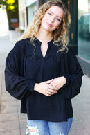 Boho Vibes Black Notched Neck Smocked Bubble Sleeve Top (Open Pack)