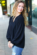 Boho Vibes Black Notched Neck Smocked Bubble Sleeve Top (Open Pack)