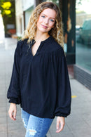 Boho Vibes Black Notched Neck Smocked Bubble Sleeve Top (Open Pack)