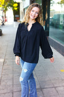 Boho Vibes Black Notched Neck Smocked Bubble Sleeve Top (Open Pack)