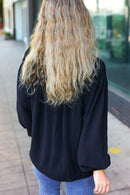 Boho Vibes Black Notched Neck Smocked Bubble Sleeve Top (Open Pack)