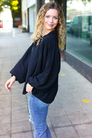 Boho Vibes Black Notched Neck Smocked Bubble Sleeve Top (Open Pack)