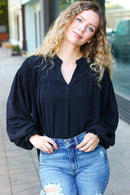 Boho Vibes Black Notched Neck Smocked Bubble Sleeve Top (Open Pack)