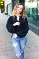 Boho Vibes Black Notched Neck Smocked Bubble Sleeve Top (Open Pack)