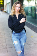 Boho Vibes Black Notched Neck Smocked Bubble Sleeve Top (Open Pack)