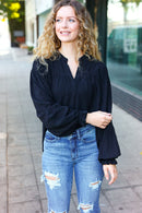 Boho Vibes Black Notched Neck Smocked Bubble Sleeve Top (Open Pack)