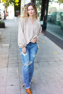 Boho Vibes Taupe Notched Neck Smocked Bubble Sleeve Top (Open Pack)
