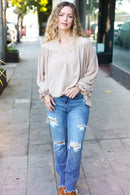 Boho Vibes Taupe Notched Neck Smocked Bubble Sleeve Top (Open Pack)