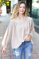 Boho Vibes Taupe Notched Neck Smocked Bubble Sleeve Top (Open Pack)