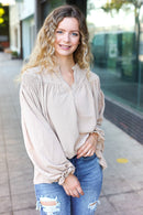 Boho Vibes Taupe Notched Neck Smocked Bubble Sleeve Top (Open Pack)
