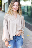 Boho Vibes Taupe Notched Neck Smocked Bubble Sleeve Top (Open Pack)