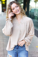 Boho Vibes Taupe Notched Neck Smocked Bubble Sleeve Top (Open Pack)