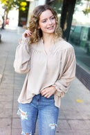 Boho Vibes Taupe Notched Neck Smocked Bubble Sleeve Top (Open Pack)