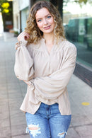 Boho Vibes Taupe Notched Neck Smocked Bubble Sleeve Top (Open Pack)