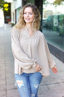 Boho Vibes Taupe Notched Neck Smocked Bubble Sleeve Top (Open Pack)