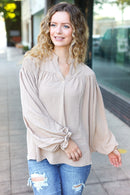 Boho Vibes Taupe Notched Neck Smocked Bubble Sleeve Top (Open Pack)