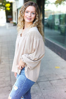 Boho Vibes Taupe Notched Neck Smocked Bubble Sleeve Top (Open Pack)