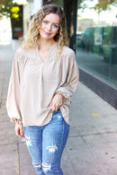 Boho Vibes Taupe Notched Neck Smocked Bubble Sleeve Top (Open Pack)