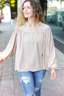 Boho Vibes Taupe Notched Neck Smocked Bubble Sleeve Top (Open Pack)