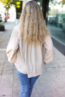Boho Vibes Taupe Notched Neck Smocked Bubble Sleeve Top (Open Pack)