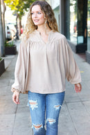 Boho Vibes Taupe Notched Neck Smocked Bubble Sleeve Top (Open Pack)