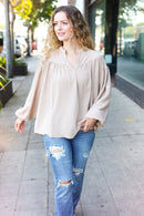 Boho Vibes Taupe Notched Neck Smocked Bubble Sleeve Top (Open Pack)