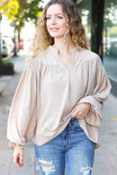 Boho Vibes Taupe Notched Neck Smocked Bubble Sleeve Top (Open Pack)