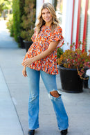 Rust & Chocolate Floral Frill Ruffle Hem Tiered Swing Top (Open Pack)