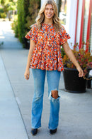 Rust & Chocolate Floral Frill Ruffle Hem Tiered Swing Top (Open Pack)