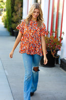 Rust & Chocolate Floral Frill Ruffle Hem Tiered Swing Top (Open Pack)