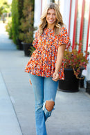 Rust & Chocolate Floral Frill Ruffle Hem Tiered Swing Top (Open Pack)