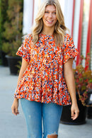 Rust & Chocolate Floral Frill Ruffle Hem Tiered Swing Top (Open Pack)