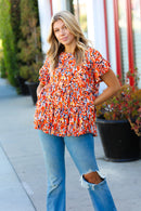Rust & Chocolate Floral Frill Ruffle Hem Tiered Swing Top (Open Pack)
