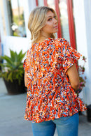 Rust & Chocolate Floral Frill Ruffle Hem Tiered Swing Top (Open Pack)